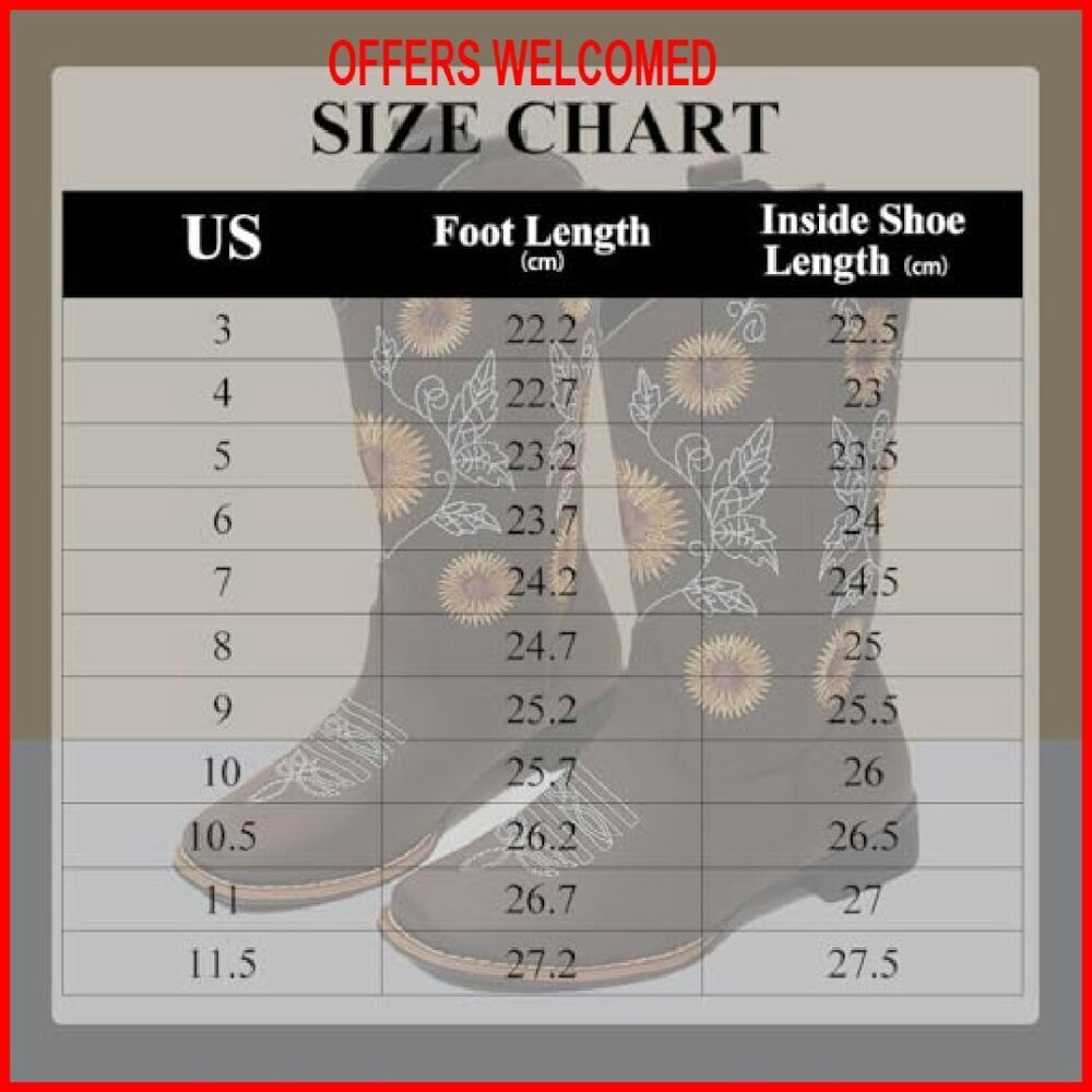 Women's Mid Calf Cowboy Boots Sunflower Embroidery Low Heel Square Toe - Picture 7 of 8